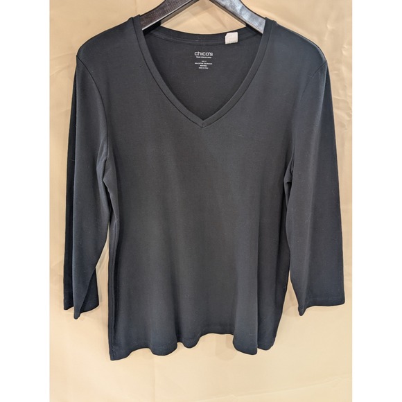 Chico's True Color Tees Black V Neck 3/4 Sleeve Top Cotton Blend Size 2 - Picture 1 of 6